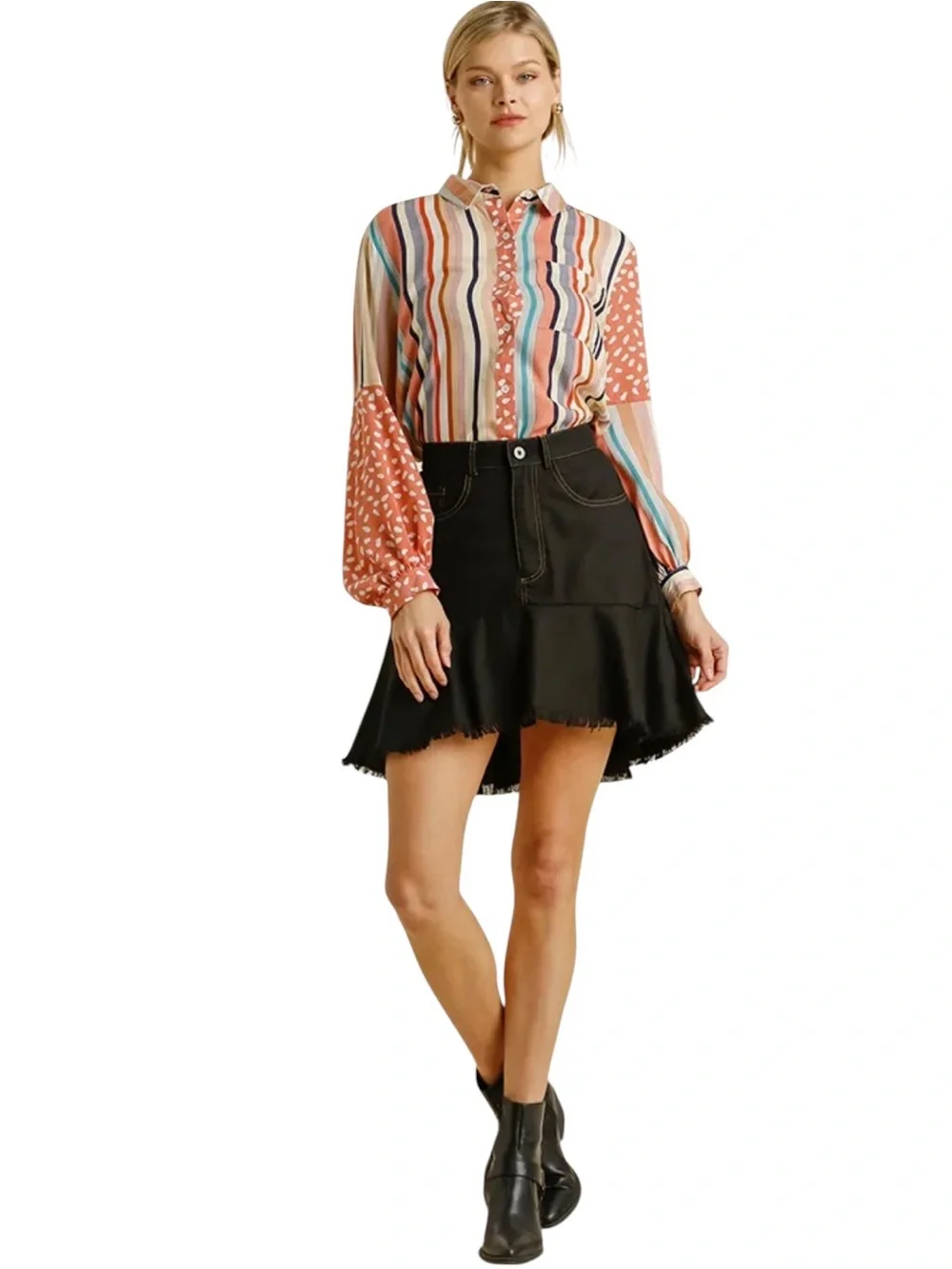 NEW Umgee Black High Low Lightweight Frayed Hem Linen Blend Mini Skirt